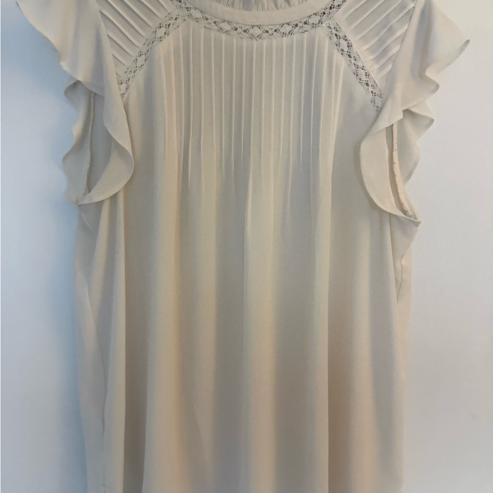 LOFT Cream Pleated Front Ruffle Sleeve Blouse